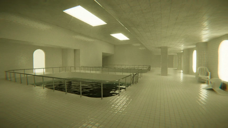 Spacious indoor swimming pool room with white tiled walls and flooring. The pool is enclosed by a metal barrier and its dark water contrasts with the bright surroundings. Natural light floods in from large arched windows on the side and rectangular skylights in the ceiling, casting soft reflections and shadows on the tiles. An empty white chair sits beside the pool, enhancing the tranquil and deserted ambiance of the space.