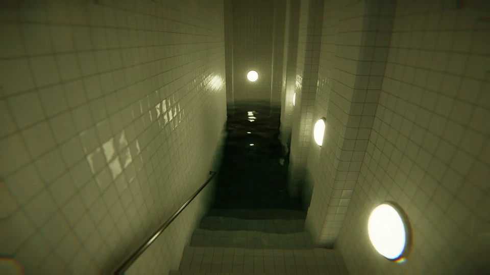 Perspective view of a narrow, indoor pool hallway illuminated by circular lights on the walls, which cast a soft glow over the white tiled walls and water. The pool appears calm with only minor ripples on the surface, and the reflection of the lights creates a serene ambiance. The end of the pool is shrouded in shadow, adding to the mysterious and quiet atmosphere of the scene.