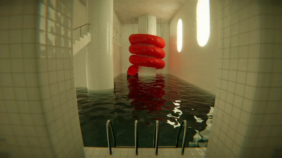 An indoor swimming pool with a large red spiral slide partially submerged in the water. The pool area is tiled in white, reflecting the natural light coming through oval windows. The water is calm, with gentle ripples and light reflections near the slide and edges. Stainless steel ladders are installed on the sides for entry into the pool.